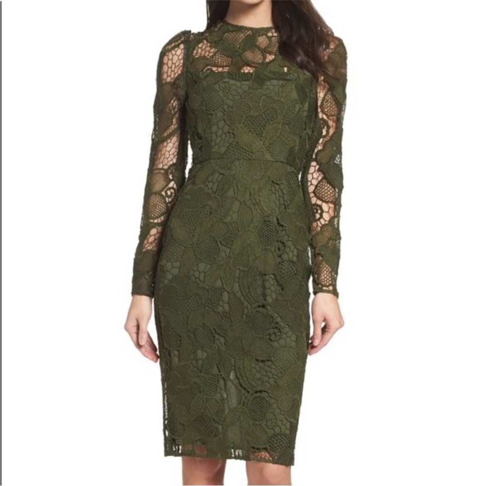 Elegant Olive Lace Midi Dress